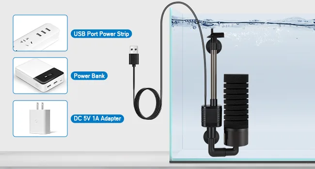 Hygger aquarium water pump with USB power options: power strip, power bank, and DC 5V 1A adapter for easy setup.