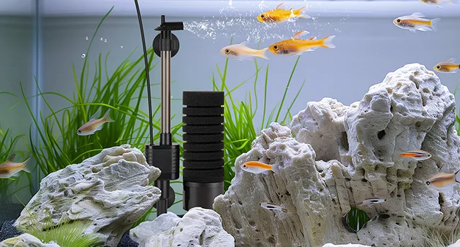 Hygger aquarium with vibrant goldfish swimming among rocks and lush green plants, featuring a water filtration system.
