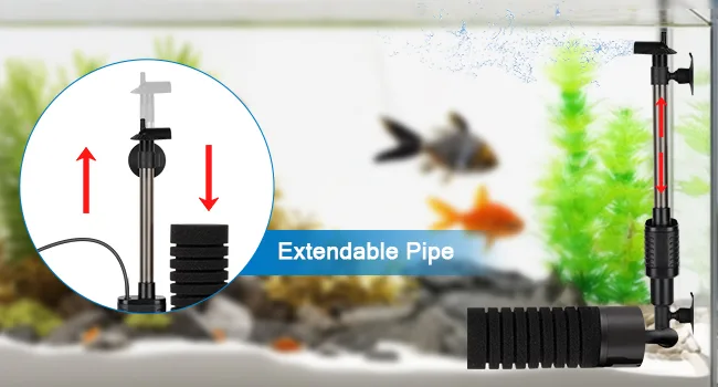 Hygger aquarium air pump with extendable pipe for fish tank, adjustable height for optimal aeration and water circulation.