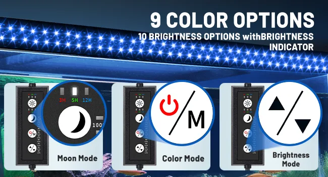 Hygger aquarium LED controller with 9 color, 10 brightness options, and brightness indicator for customizable lighting.
