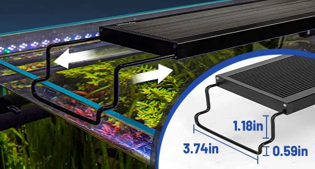 Hygger aquarium heater with adjustable mounting brackets, showing dimensions 3.74in, 1.18in, and 0.59in for easy installation