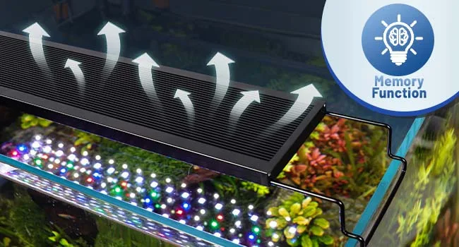 Hygger aquarium heater with memory function, showing airflow arrows and colorful LED lights inside the tank