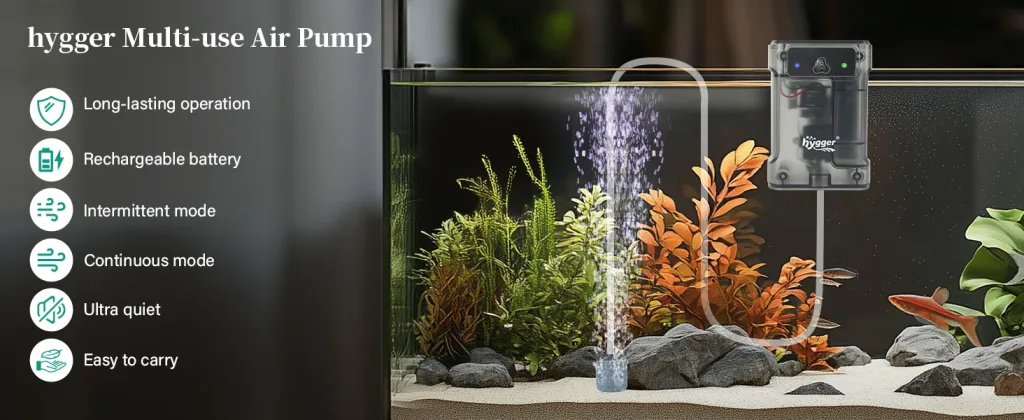 hygger Multi-use Air Pump for aquariums with rechargeable battery, intermittent/continuous modes, and ultra quiet operation.