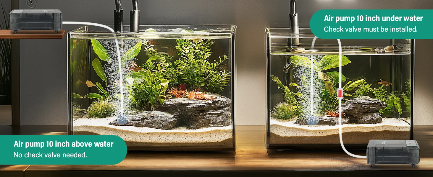 Hygger aquarium setup comparison: air pump placement above vs under water with check valve requirements.