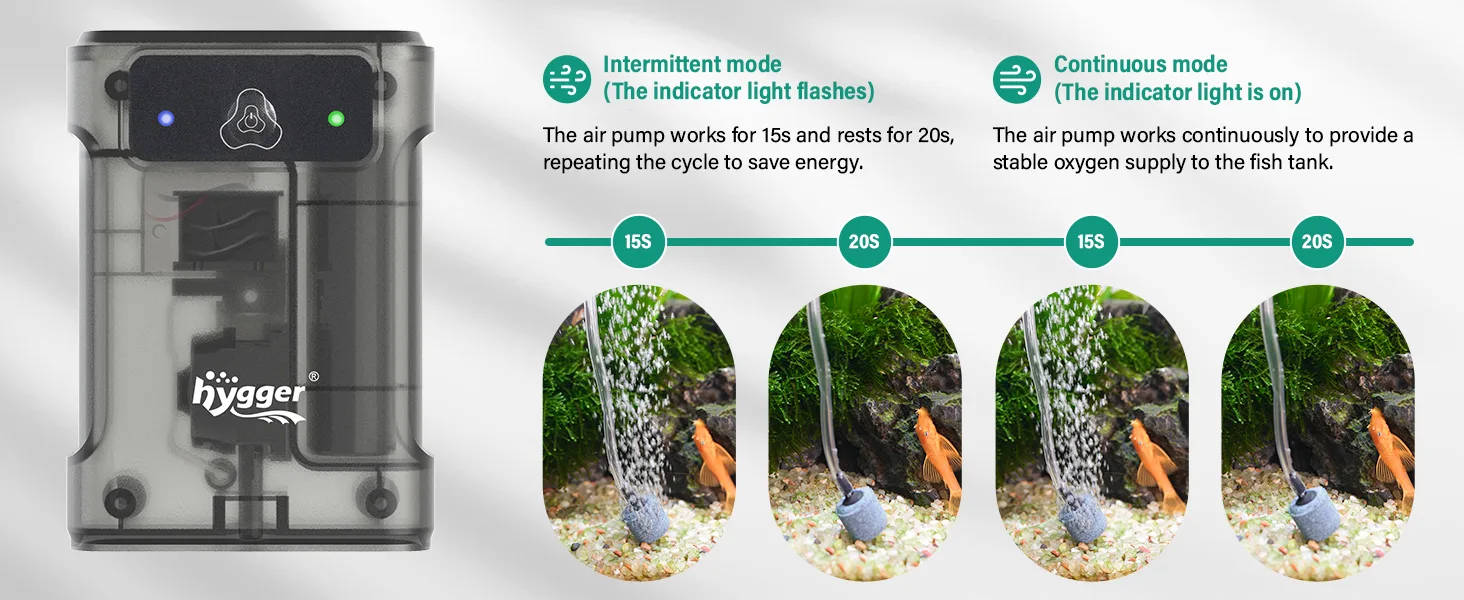 Hygger aquarium air pump with intermittent and continuous modes for fish tank oxygenation