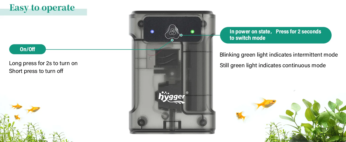 Hygger aquarium air pump with on/off button and mode indicators for easy operation in fish tank