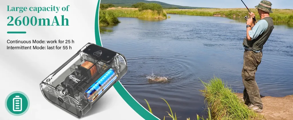 Hygger aquarium power bank with 2600mAh capacity, continuous mode for 25h, intermittent mode for 55h, fishing scene backgroun
