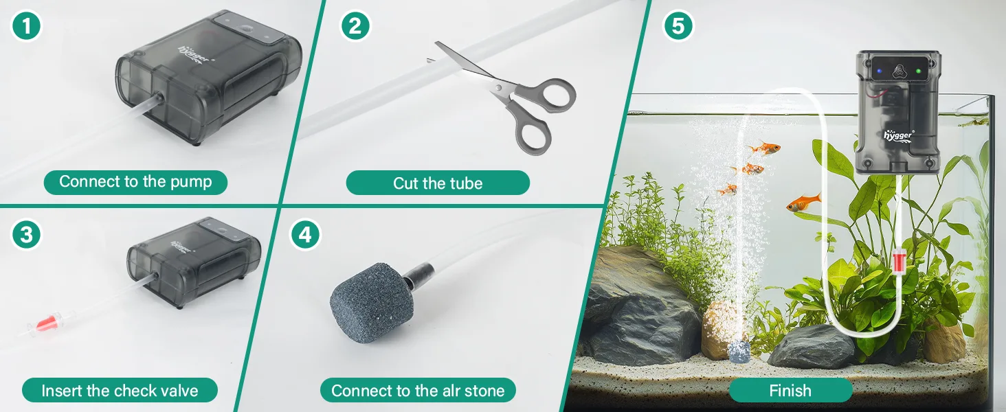 Step-by-step guide to setting up a hygger aquarium air pump with pump, tube cutting, check valve insertion, air stone connect