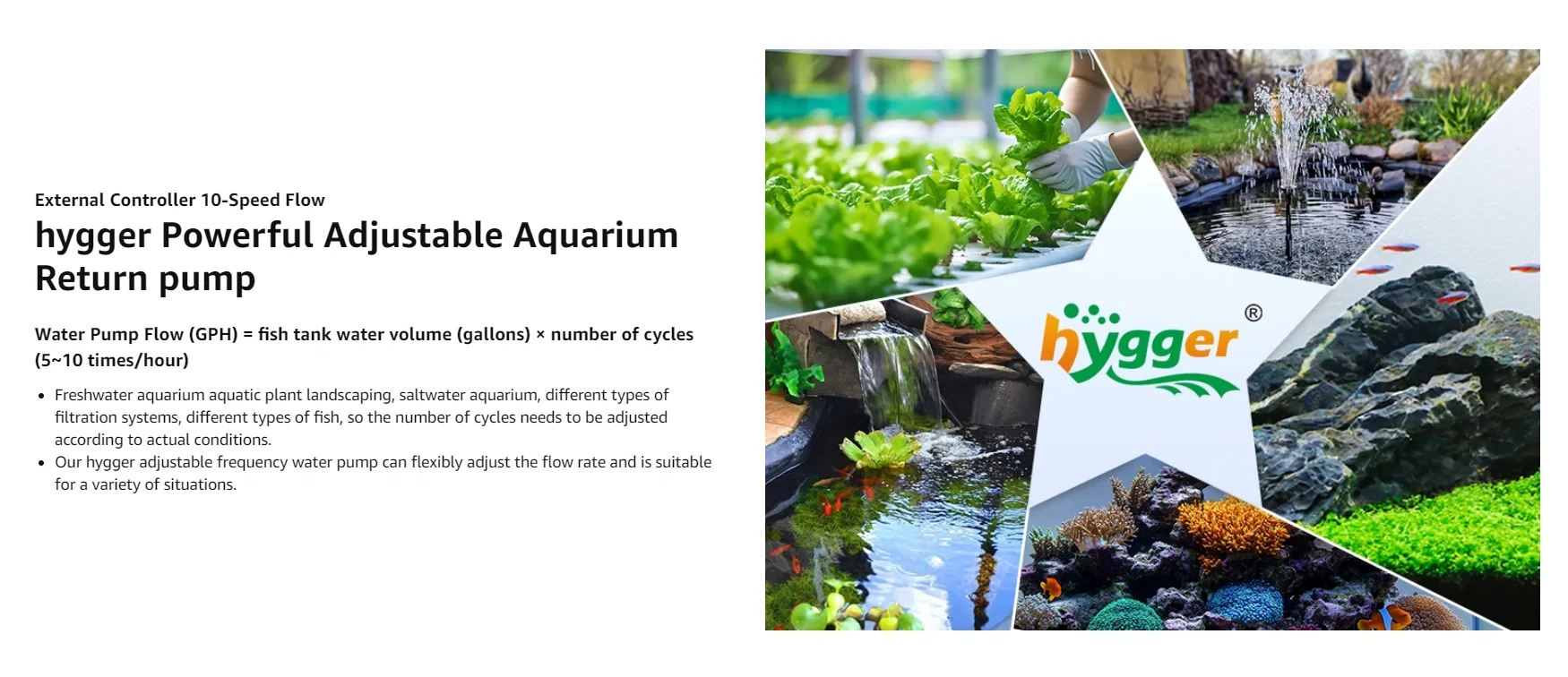 Hygger adjustable aquarium return pump with 10-speed flow for freshwater and saltwater tanks, featuring water flow rate calcu