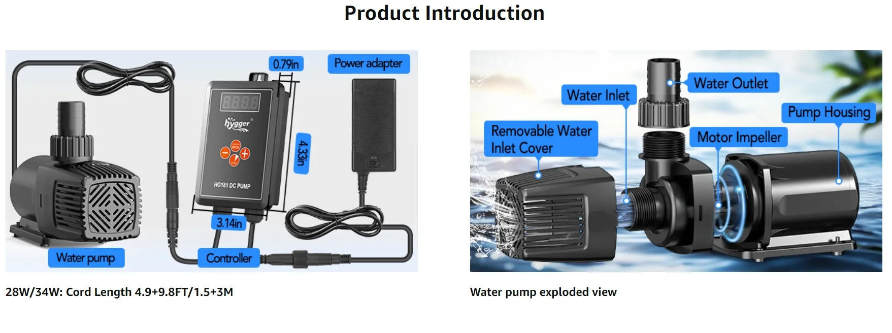 Hygger HO181 DC Pump with controller and power adapter, featuring water inlet, outlet, and motor impeller components.