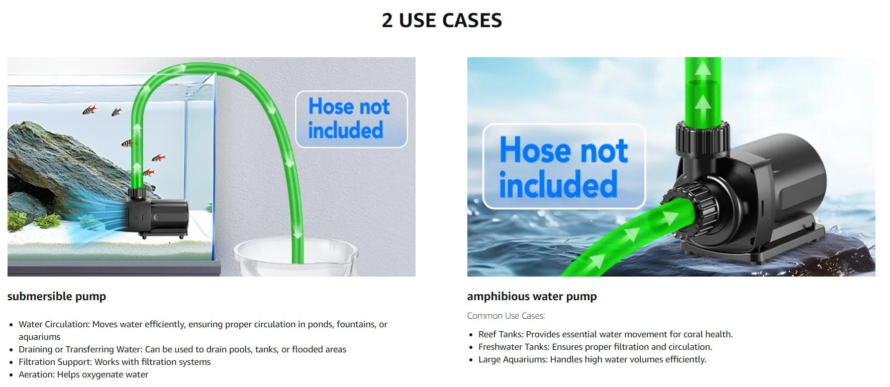 Submersible and amphibious water pumps for aquariums, ponds, and fountains with hose not included