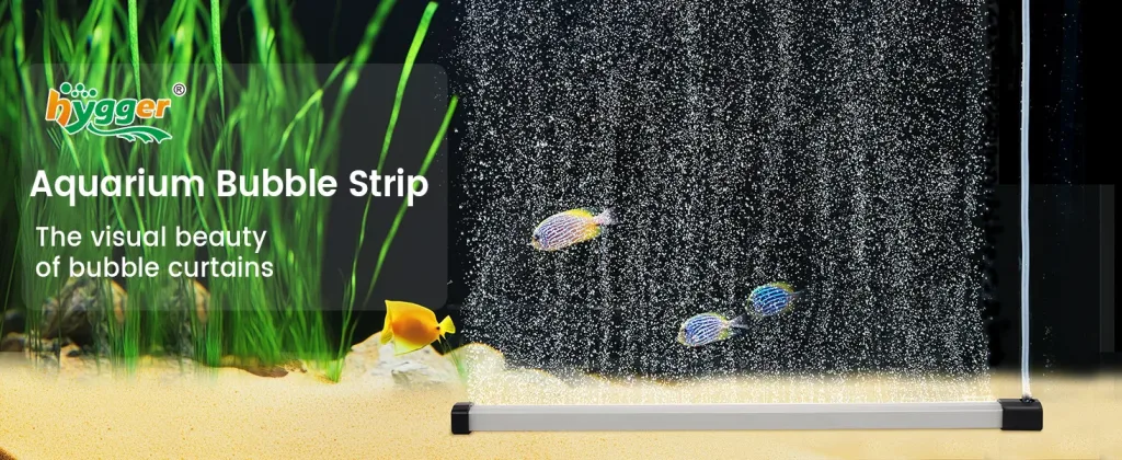 Hygger Aquarium Bubble Strip creating a beautiful bubble curtain with fish swimming in a planted tank