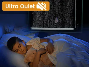 A child sleeps peacefully in bed with a teddy bear, under 'Ultra Quiet' window treatment for noise reduction.