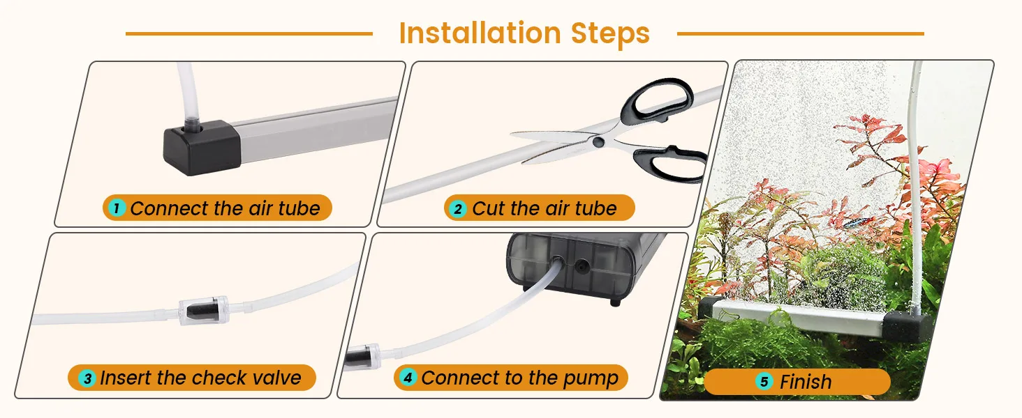 Step-by-step installation guide for Hygger aquarium air pump with air tube connection, check valve insertion, and pump connec