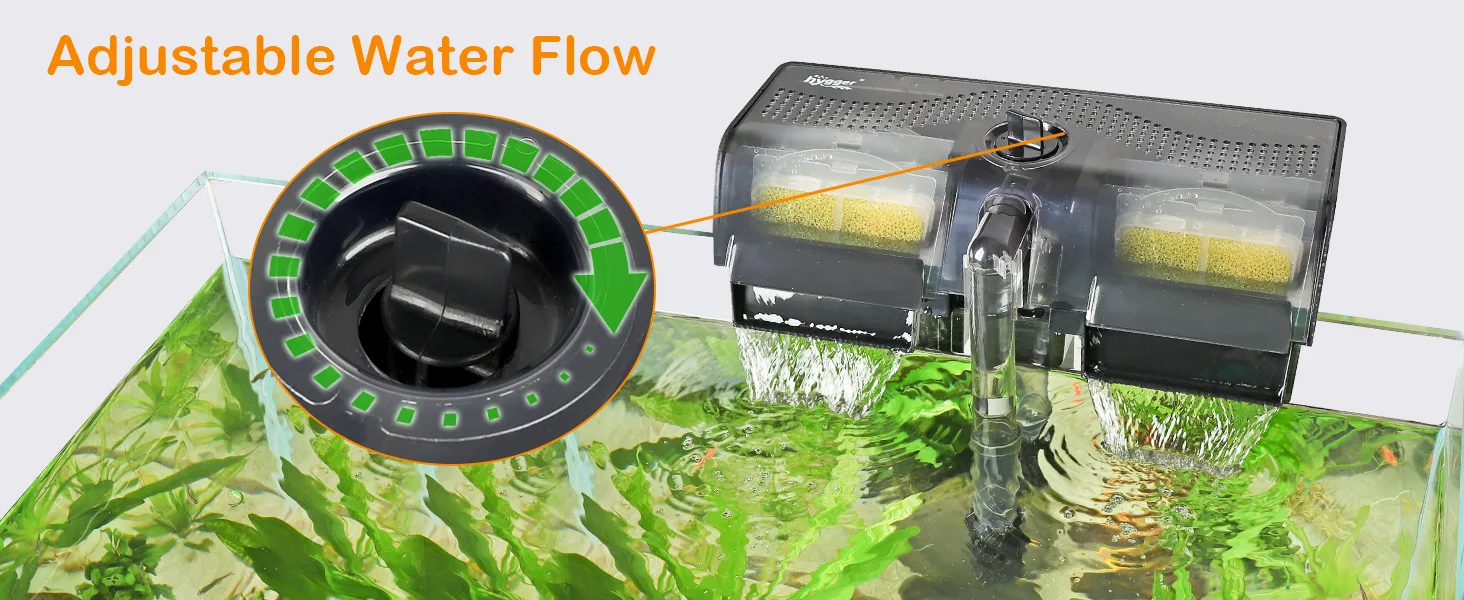 Hygger aquarium filter with adjustable water flow control knob and dual filtration chambers for efficient aquarium maintenanc