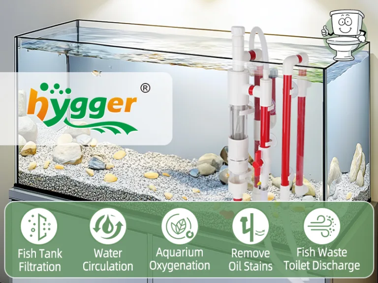 Hygger aquarium system with filtration, water circulation, oxygenation, oil stain removal, and toilet discharge features for