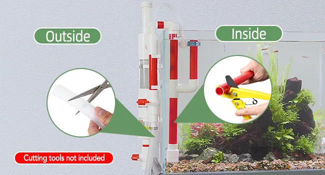 Hygger aquarium filter installation guide showing outside and inside components with cutting tools not included