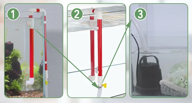Step-by-step guide for installing Hygger aquarium water circulation system with red and white pipes, showing setup from tank