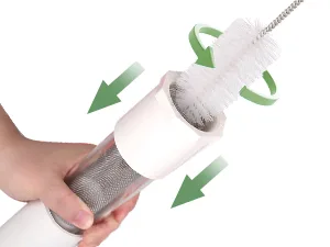 Hand holding Hygger aquarium filter with green arrows showing water flow and brush cleaning