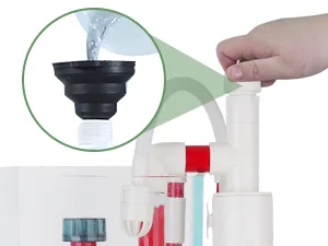 Close-up of Hygger aquarium water filter with hand adjusting flow control and water dripping into filter housing