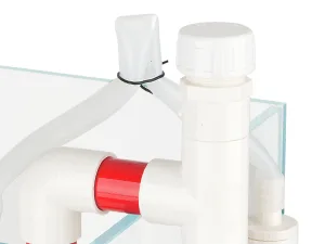 Hygger aquarium water filter system with white pipes, red connector, and clear glass tank