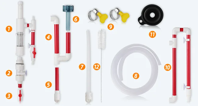 Hygger aquarium filter components set including strainer, tubes, valves, and connectors for aquarium maintenance.