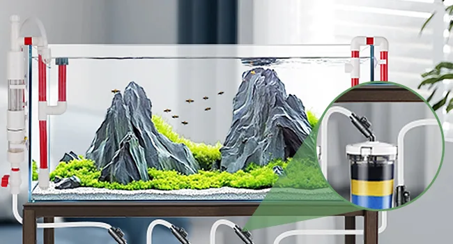 Hygger aquarium with artificial mountains, lush green plants, and fish swimming in a modern setup with filtration system