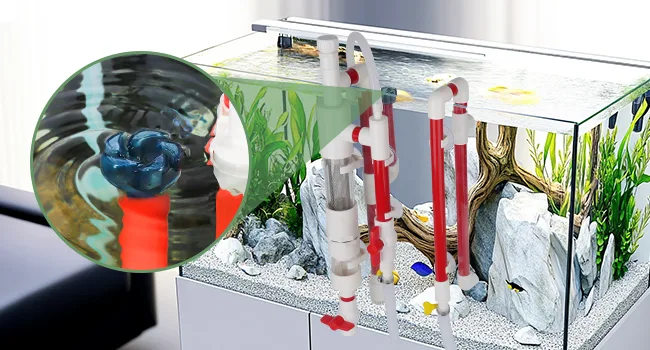 Hygger aquarium with integrated filtration system, showcasing clear water, aquatic plants, rocks, and a close-up of the filte