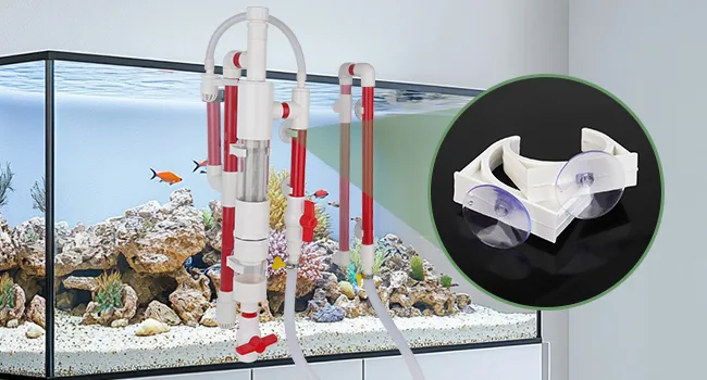 Hygger aquarium water circulation system with red and white pipes, fish tank setup, and close-up of adjustable flow control v