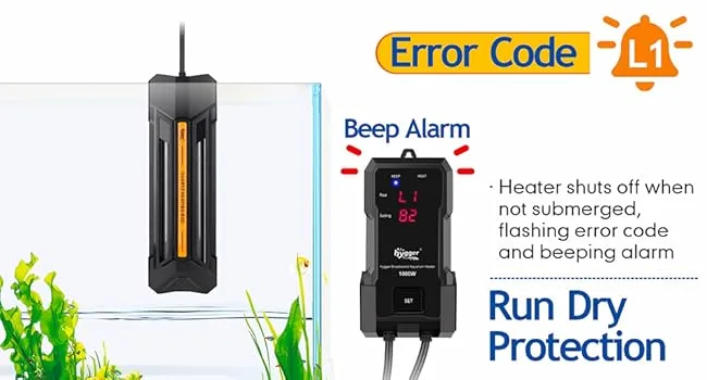 Hygger aquarium heater with L1 error code display showing beep alarm and run dry protection features for fish tank safety