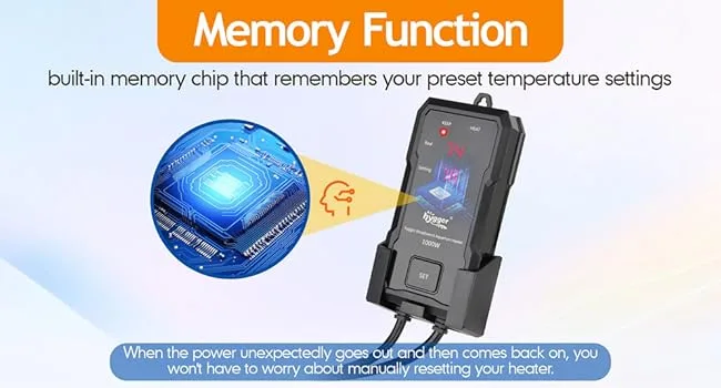 Hygger aquarium heater with memory function, built-in chip remembers preset temperature settings for automatic recovery after