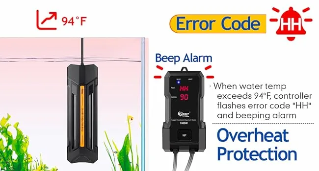 Hygger aquarium heater with HH error code for overheating protection at 94°F