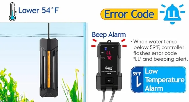 Hygger aquarium heater with temperature control, error code 'LL' for low temp alert, and 59°F low temperature alarm.