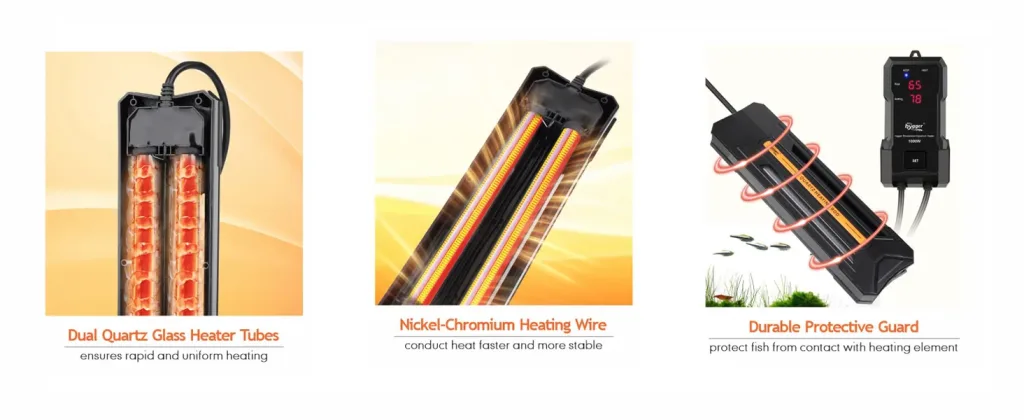 Hygger aquarium heater with dual quartz glass tubes, nickel-chromium heating wire, and protective guard for fish safety