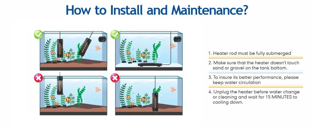 How to install and maintain a hygger aquarium heater with correct submersion and water circulation guidelines.