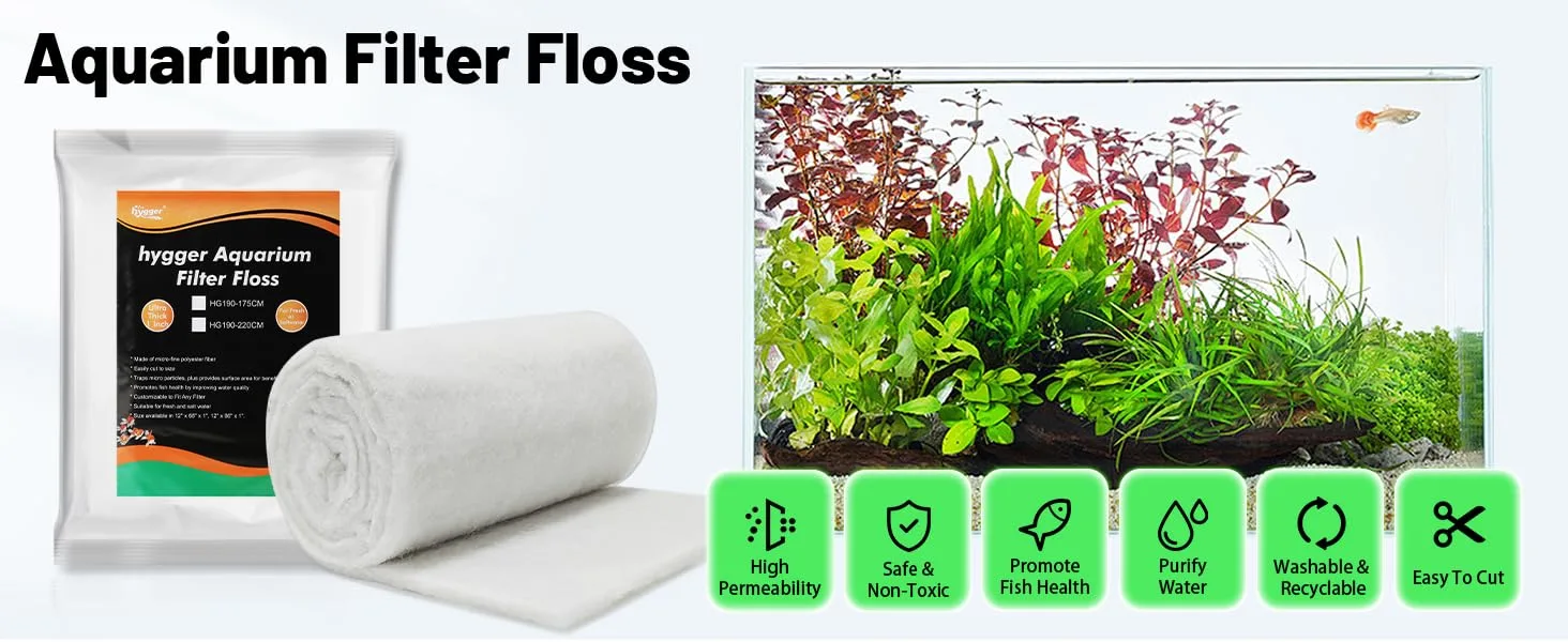 Hygger Aquarium Filter Floss - High Permeability, Safe & Non-Toxic, Promote Fish Health, Purify Water, Washable & Recyclable,