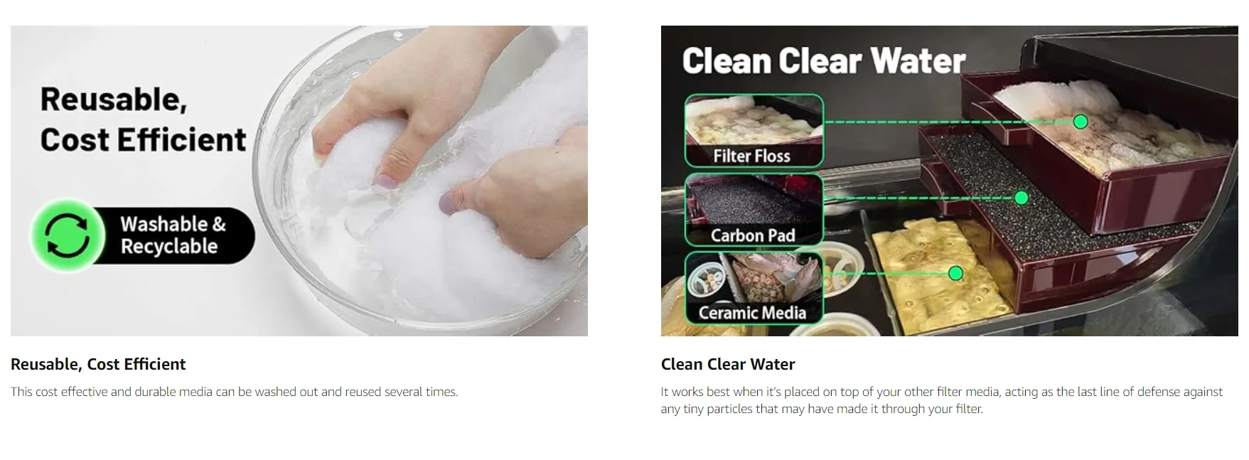 Reusable aquarium filter media being washed in a bowl, labeled 'Washable & Recyclable' for cost efficiency.