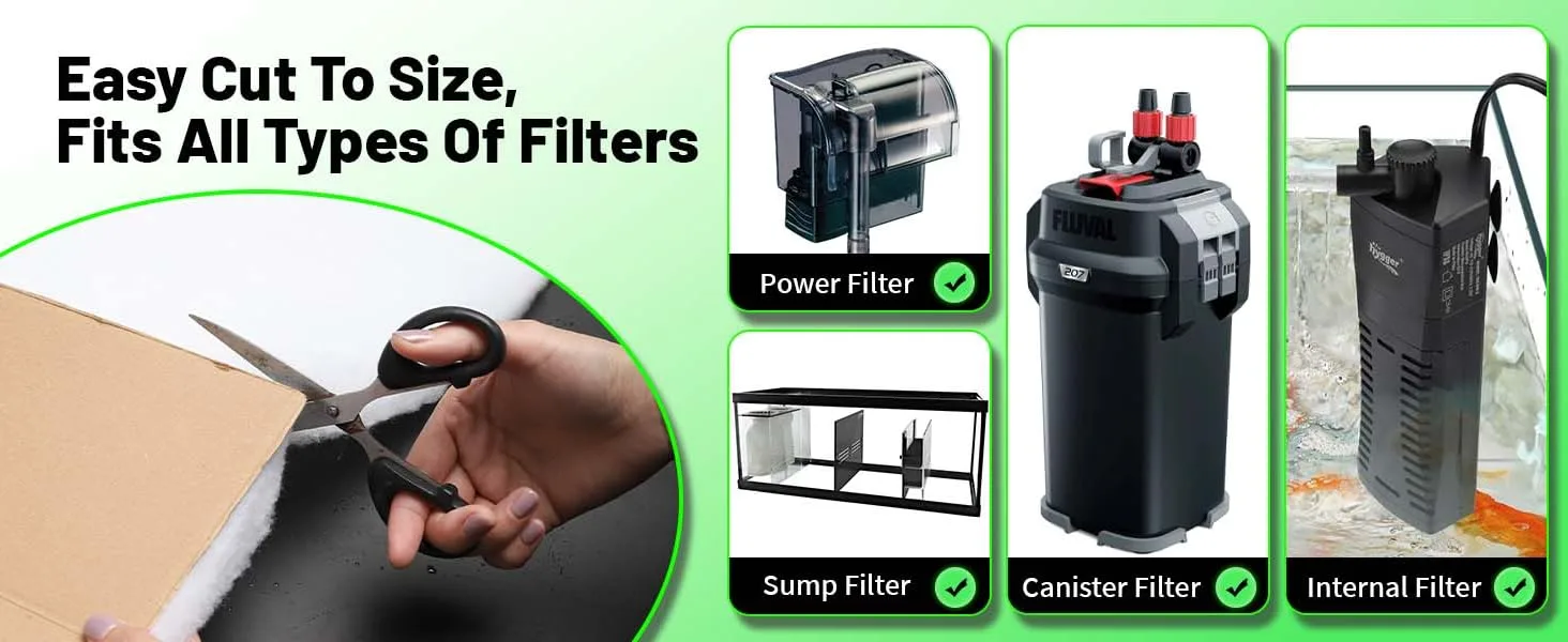 Easy-cut aquarium filter media for all filter types: power, sump, canister, and internal filters. Cut to size with scissors.