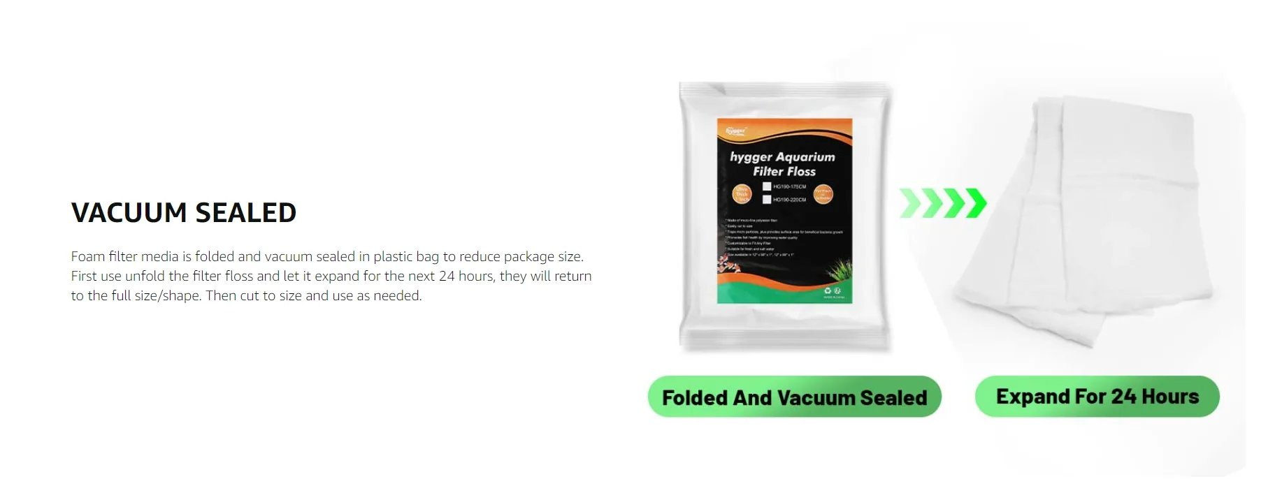 Hygger Aquarium Filter Floss vacuum sealed package with folded foam media expanding to full size after 24 hours