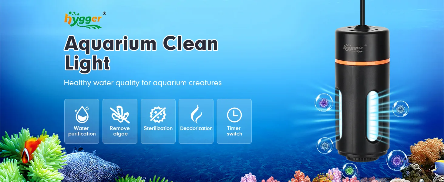 Hygger Aquarium Clean Light device for water purification, algae removal, sterilization, deodorization, and timer switch in a