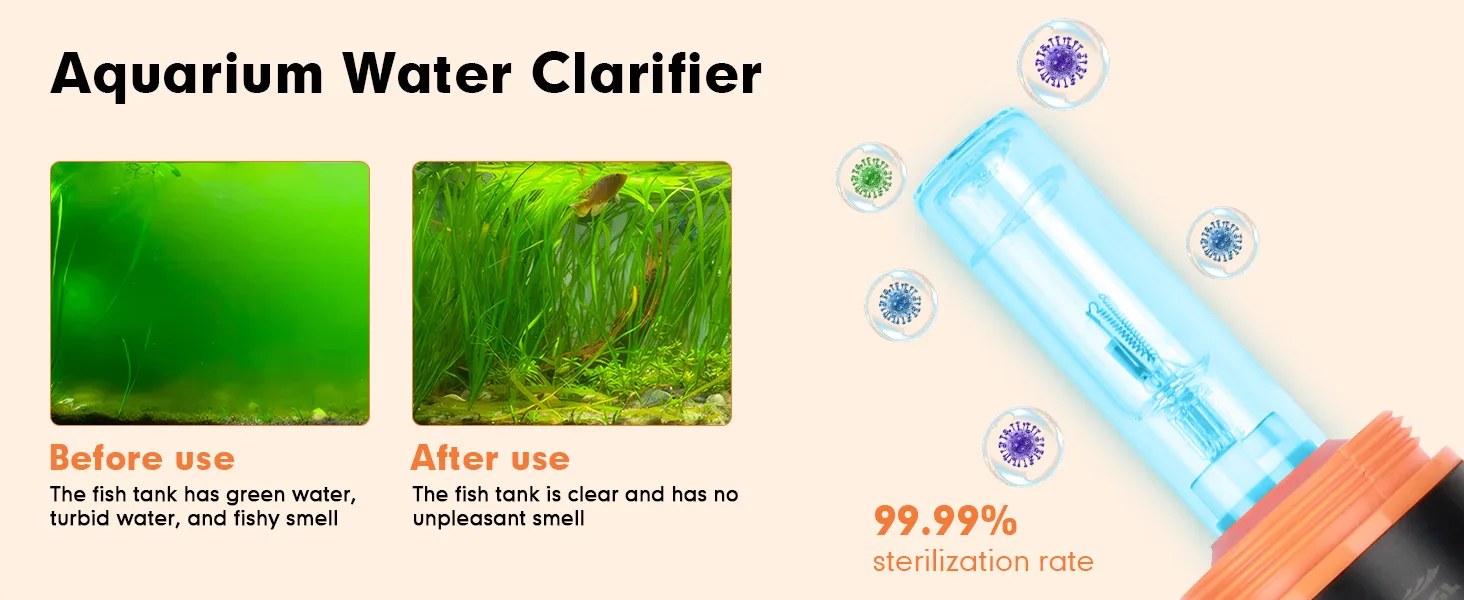 Aquarium water clarifier product showing green murky water before use and clear water after use with 99.99% sterilization rat