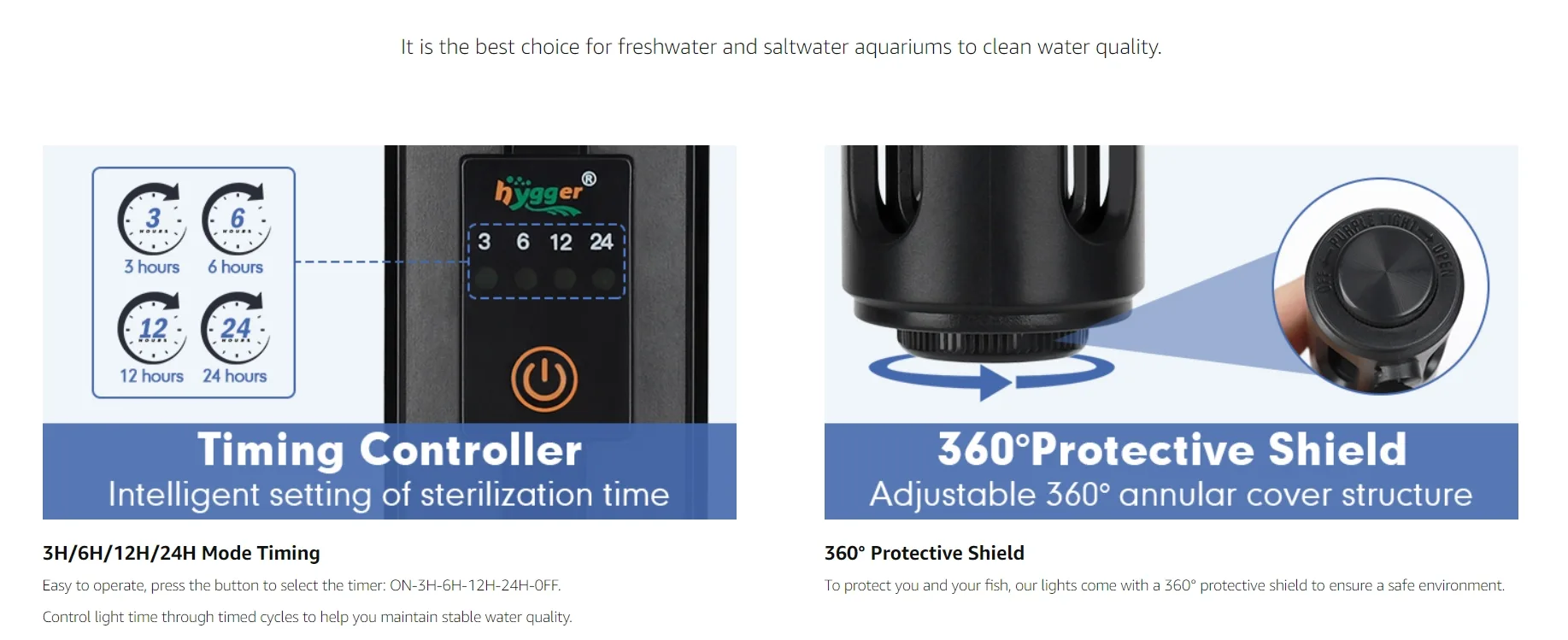 Hygger aquarium sterilization device with timing controller and 360° protective shield for freshwater and saltwater tanks
