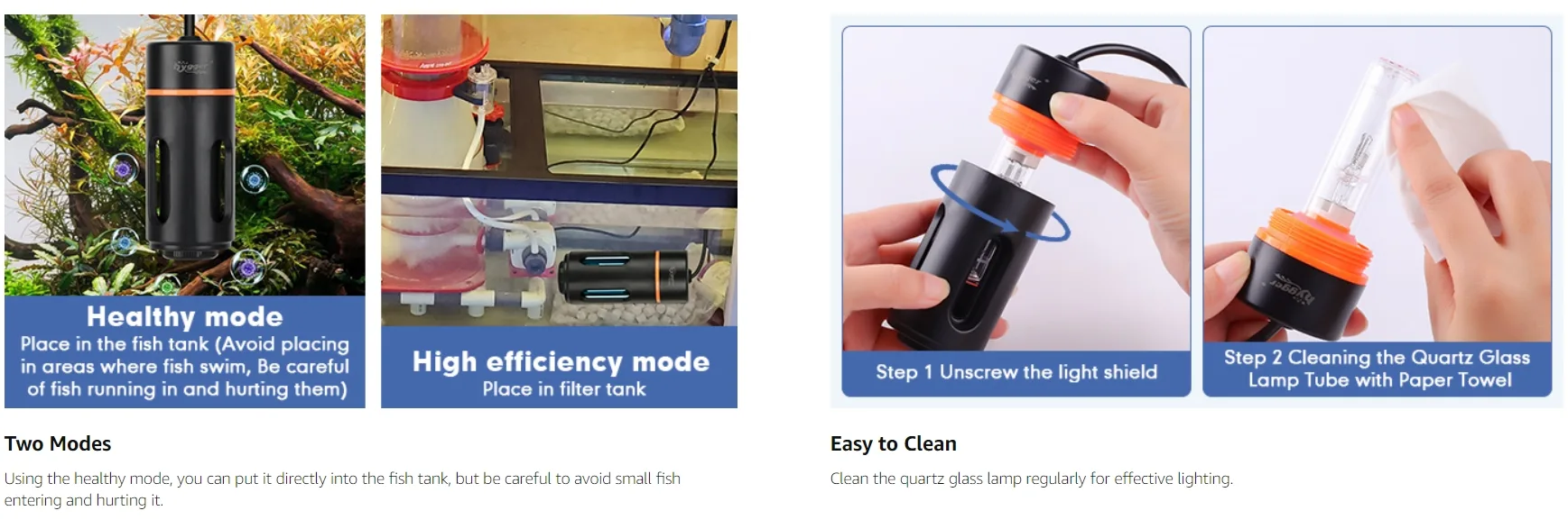 Hygger aquarium LED light with two modes: healthy and high efficiency, easy to clean quartz glass lamp tube