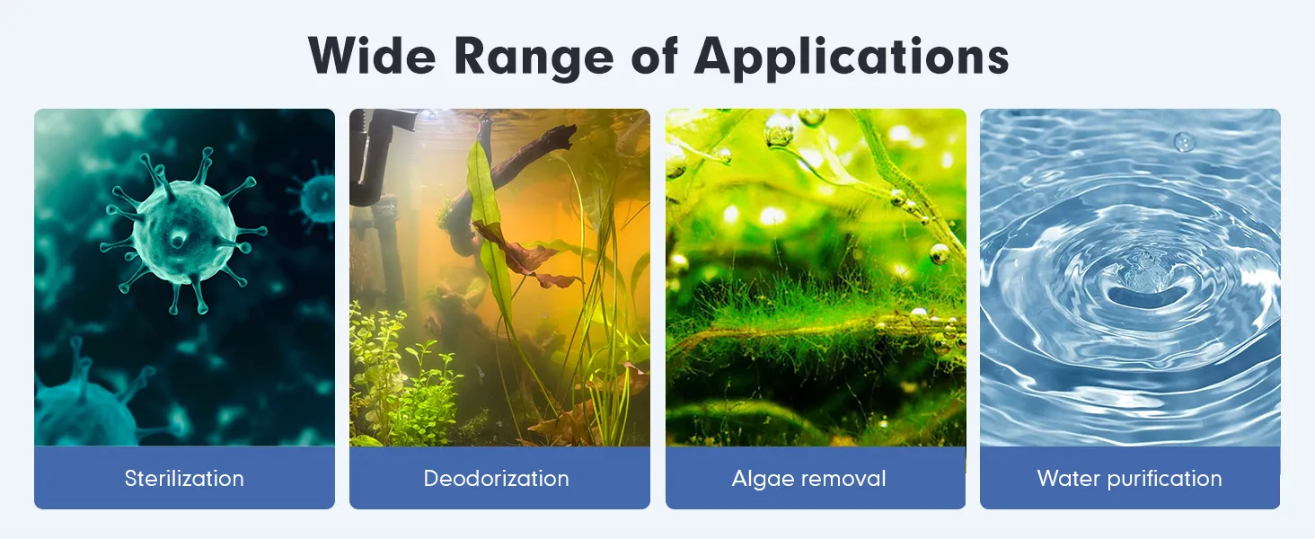 Wide Range of Applications: Sterilization, Deodorization, Algae removal, Water purification for aquariums and water systems