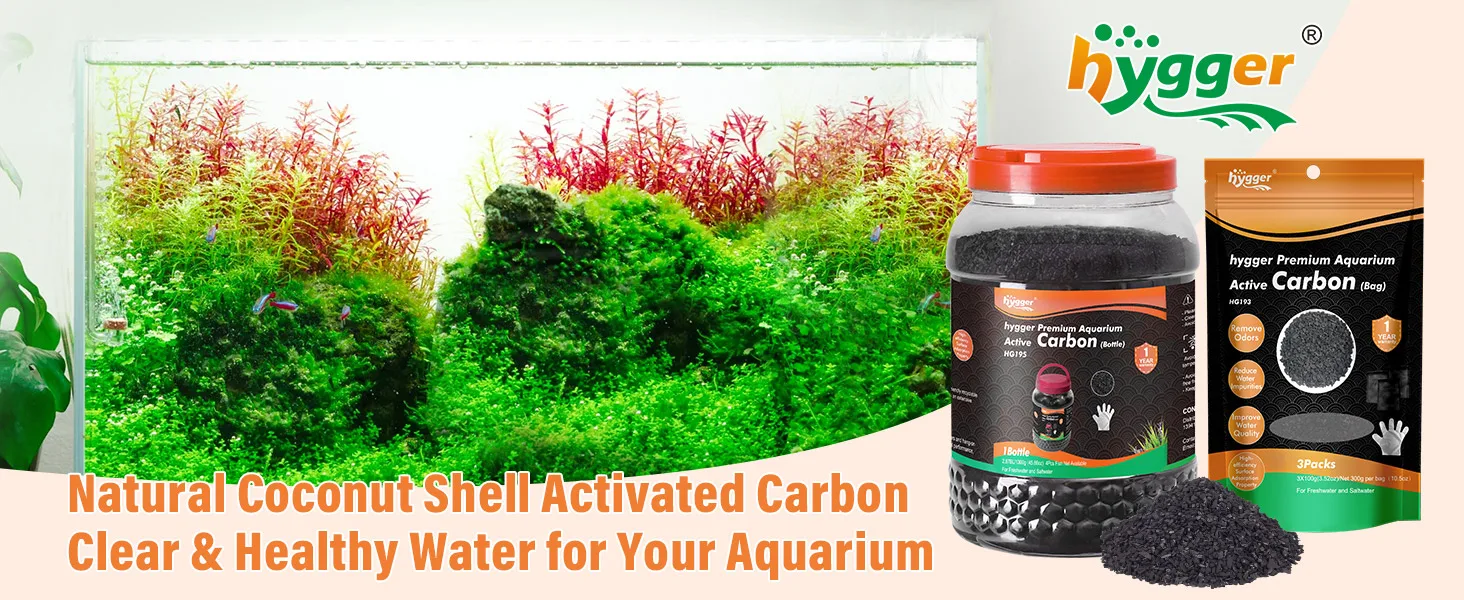 Hygger Premium Activated Carbon for Aquariums - Clear Water, Natural Coconut Shell, 80g Jar & 3-Pack