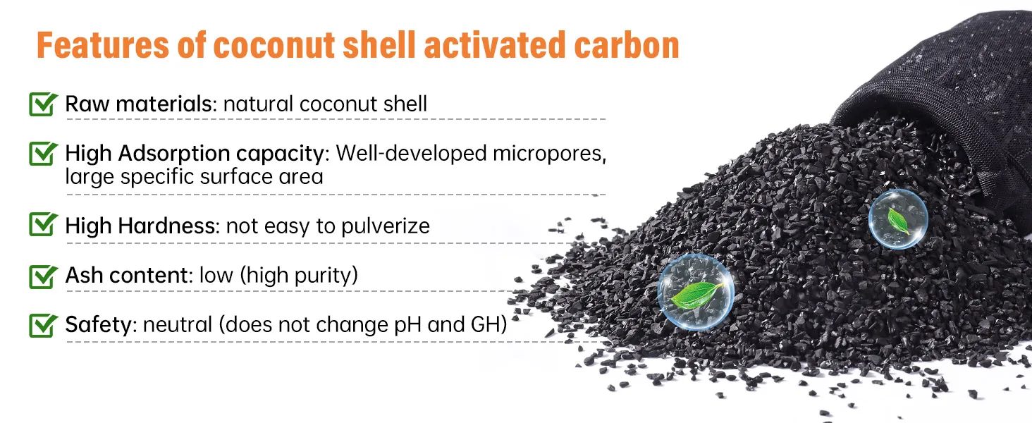 Coconut shell activated carbon features: natural raw materials, high adsorption capacity, hardness, low ash content, neutral
