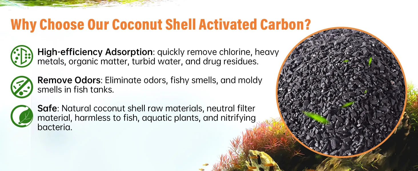 Coconut shell activated carbon for aquariums: removes impurities, odors, and is safe for fish and plants
