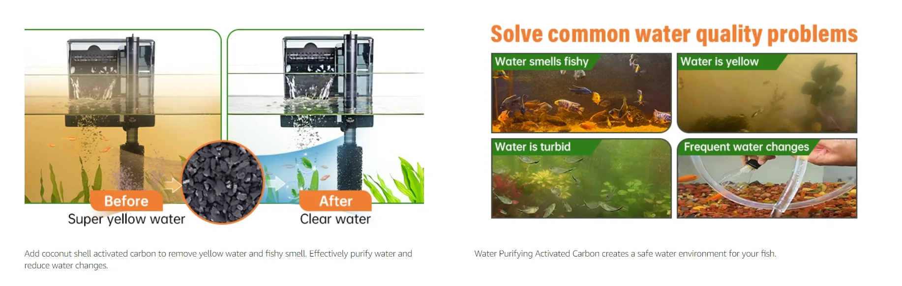 Coconut shell activated carbon filter for aquarium water purification, removing yellow water and fishy smell before and after