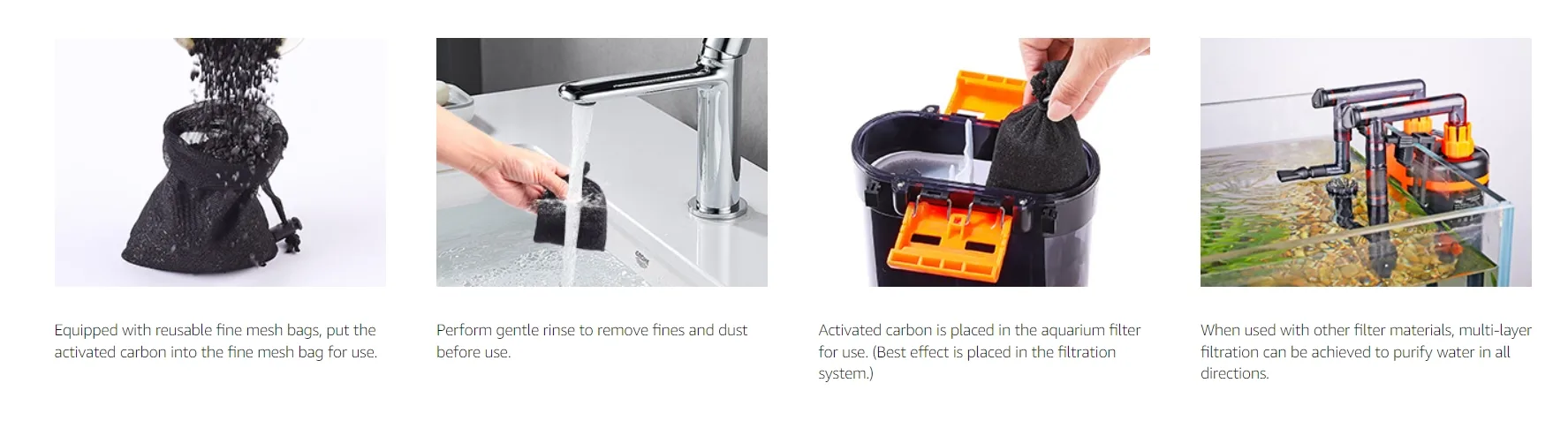 Activated carbon in reusable fine mesh bag for aquarium filtration, rinsing, and multi-layer purification system