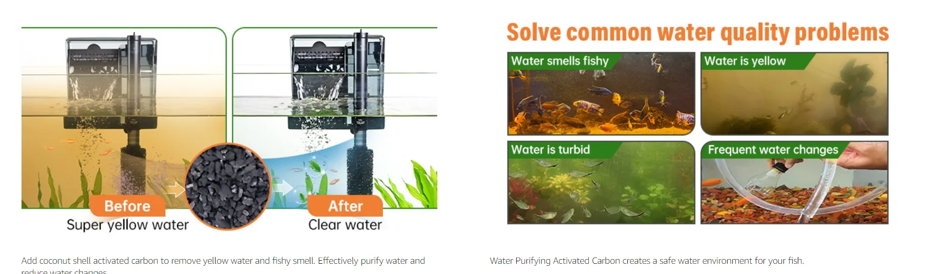 Hygger aquarium water purifier with activated carbon removing yellow water and fishy smell before and after comparison